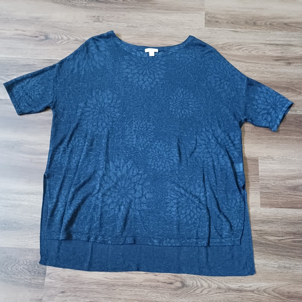 Pure Jill J Jill Womens Small Blue Linen Blend Burnout Floral Knit Tunic Top